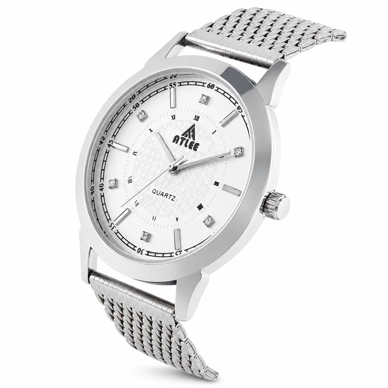 ATLEE A103 men’s silver analog watch with metal bracelet angled view